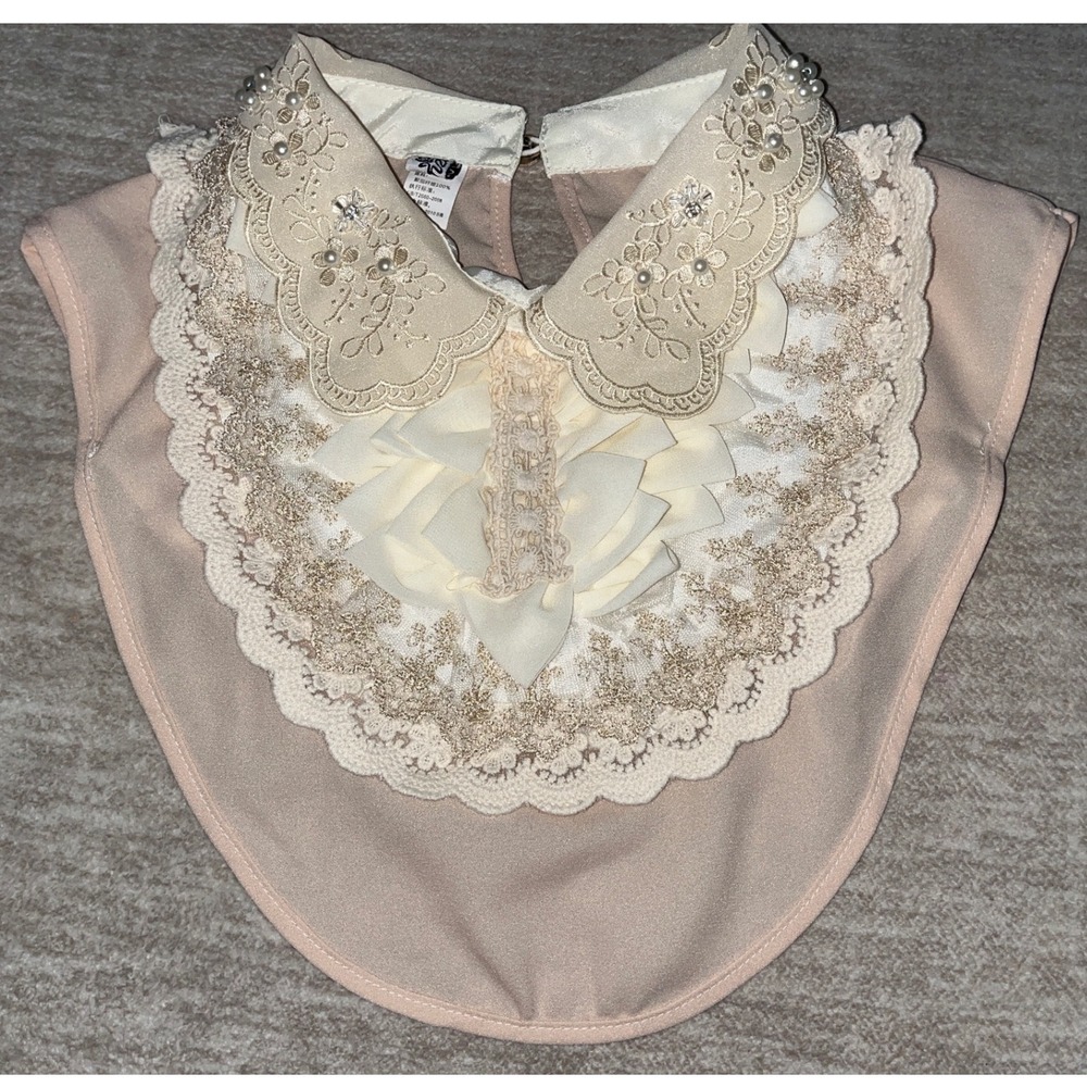 Liz Lisa Style Lace Detachable Collar Bib Floral Embroidery Pearl Ruffle Beige